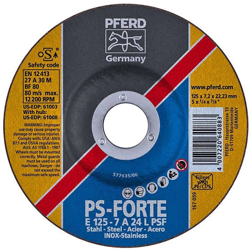 Schruppscheibe - PFERD - für Stahl/INOX - Härtegrad L - Ø 125 mm - Bezeichnung E 125-7 A 24 L PSF/22,23 - Maße (D x U x H) 125 x 7,2 x 22,23 mm -