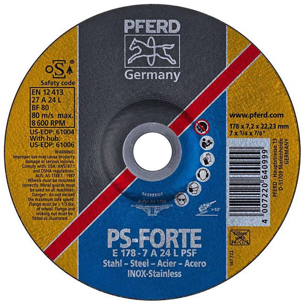 Schruppscheibe - PFERD - für Stahl/INOX - Härtegrad L - Ø 178 mm - Bezeichnung E 178-7 A 24 L PSF/22,23 - Maße (D x U x H) 178 x 7,2 x 22,23 mm -