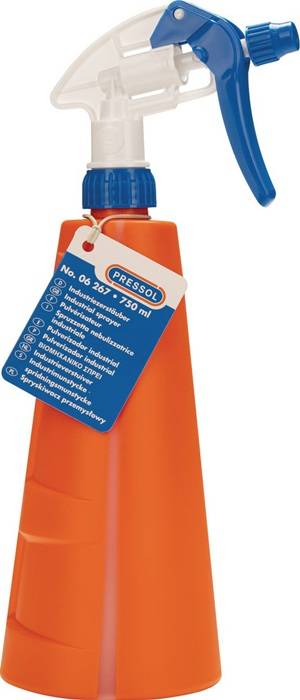 Orange PRESSOL Industriesprühflasche mit blauer Düse, 750 ml Fassungsvermögen, gekennzeichnet mit Teilenummer 06 267 und mehrsprachigem Text.