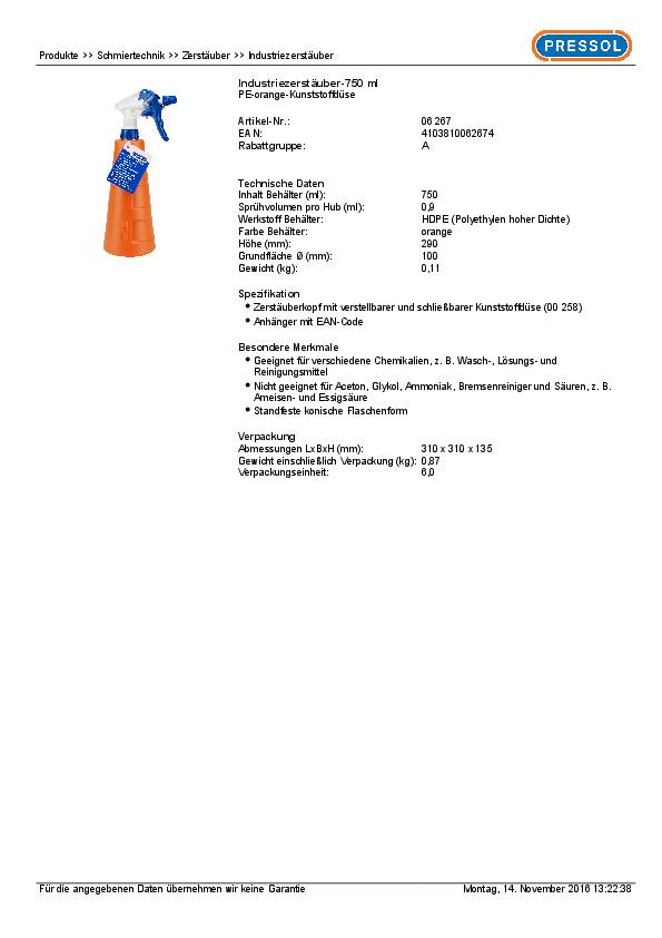 Industriezerstäuber Fassungsvermögen 0,75l Ku.PRESSOL