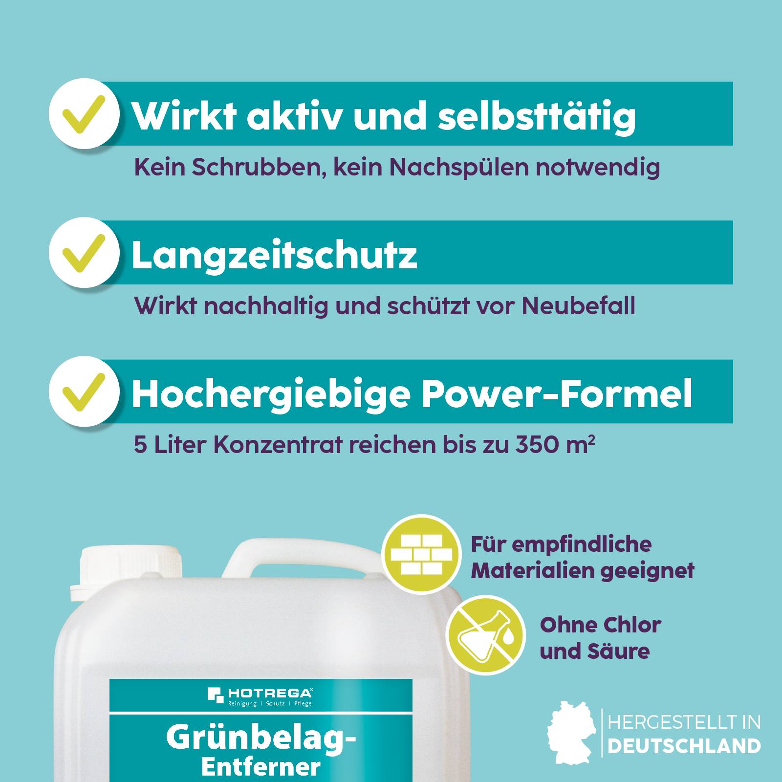HOTREGA Grünbelagentferner 1:3 Konzentrat 5 Liter + Anti Grünbelag Imprägnierung 2L + Druckspritze 1,5L