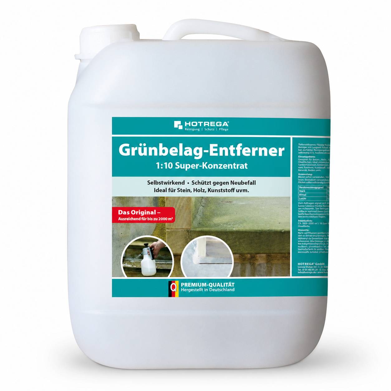 Weißer Kunststoffbehälter von HOTREGA 'Grünbelag-Entferner' 1:10 Superkonzentrat, ein Reiniger zur Entfernung von Grünalgen und zur Vorbeugung von Neubefall auf Stein-, Holz- und Kunststoffflächen.