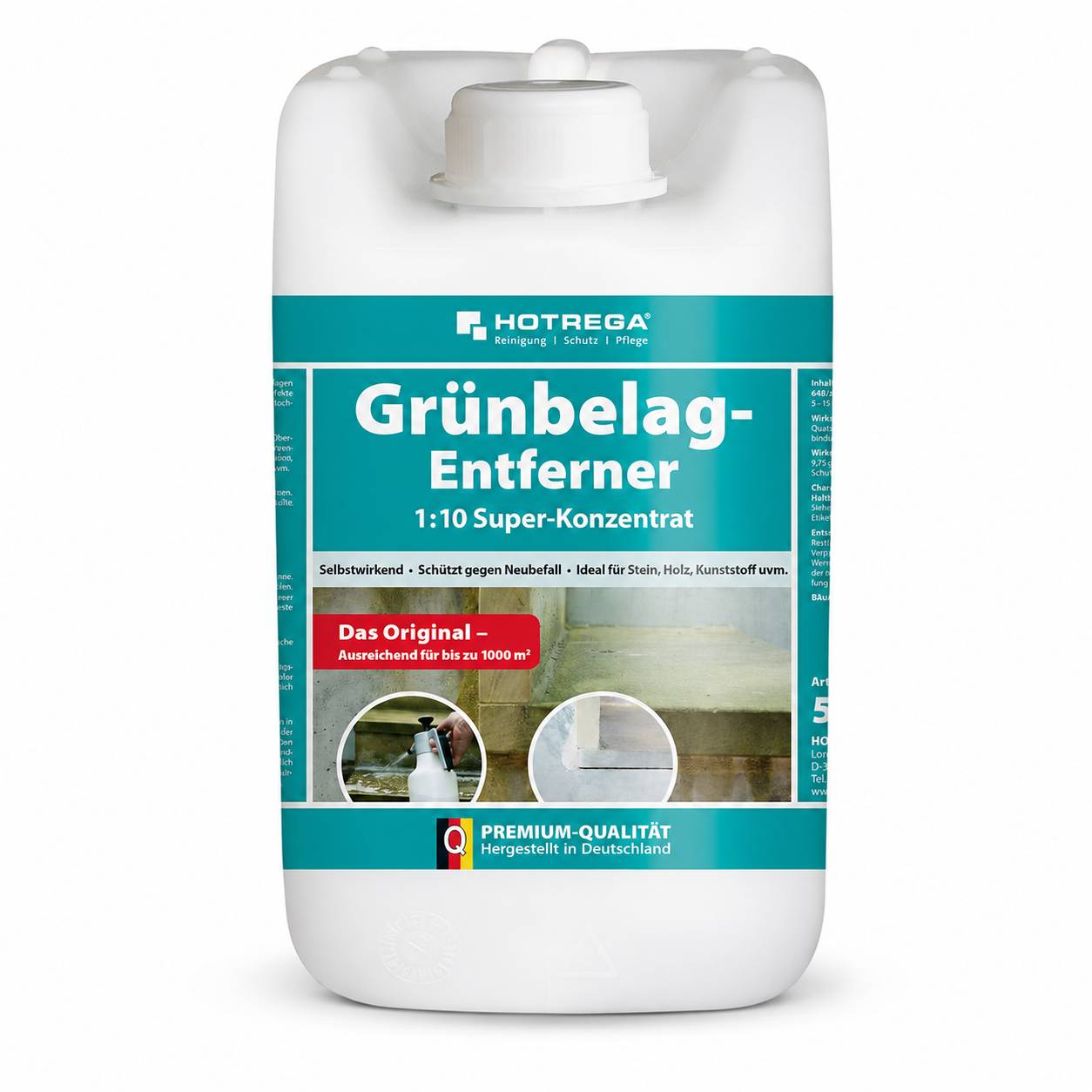 Eine weiße Kunststoffflasche von HOTREGA 'Grünbelag-Entferner' 1:10 Superkonzentrat, ein Reiniger zum Entfernen von Grünalgen und Schimmel.