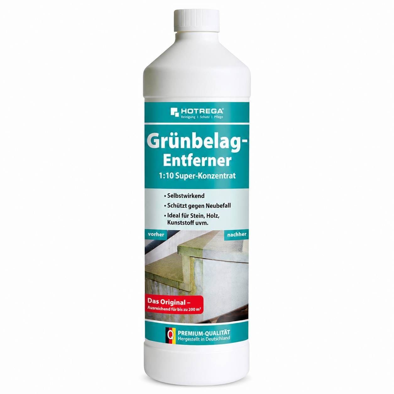 Weiße Flasche von HOTREGA „Grünbelag-Entferner