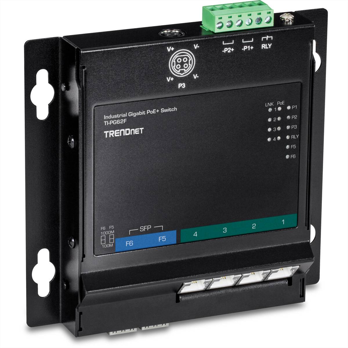 Schwarzer TRENDnet Industrial Gigabit PoE+ Schalter in einem Metallgehäuse montiert, mit beschrifteten Ethernet-Anschlüssen und Klemmleistenverbindungen.