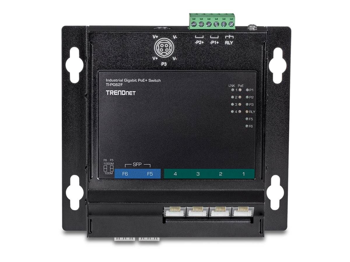 Frontansicht eines TRENDnet industriellen Gigabit PoE+ Switches mit mehreren Ethernet-Anschlüssen, SFP-Steckplätzen und Stromversorgungs-/Relaisklemmenleiste auf einer Montageklammer.