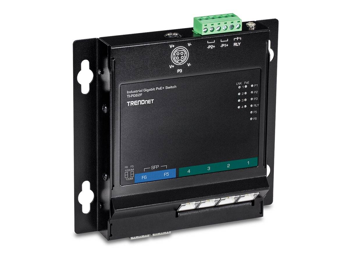 Schwarzer TRENDnet industrieller Gigabit PoE+ Schalter in einem Wandmontage-Gehäuse, der Frontanschlüsse, Status-LEDs und grüne Klemmleistenverbinder zeigt.