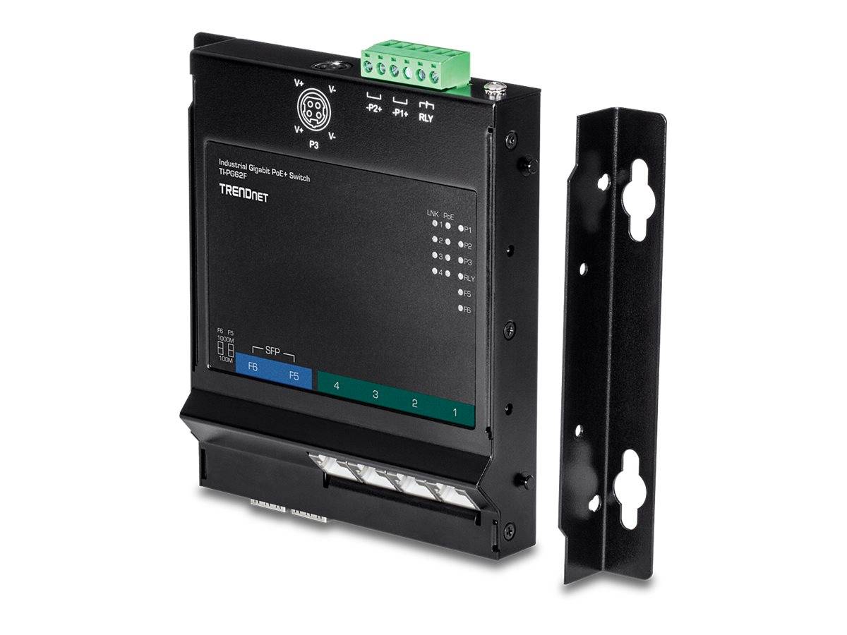 Schwarzer TRENDnet Industrial-Gigabit-PoE+-Schalter mit Montageklammer auf weißem Hintergrund dargestellt.