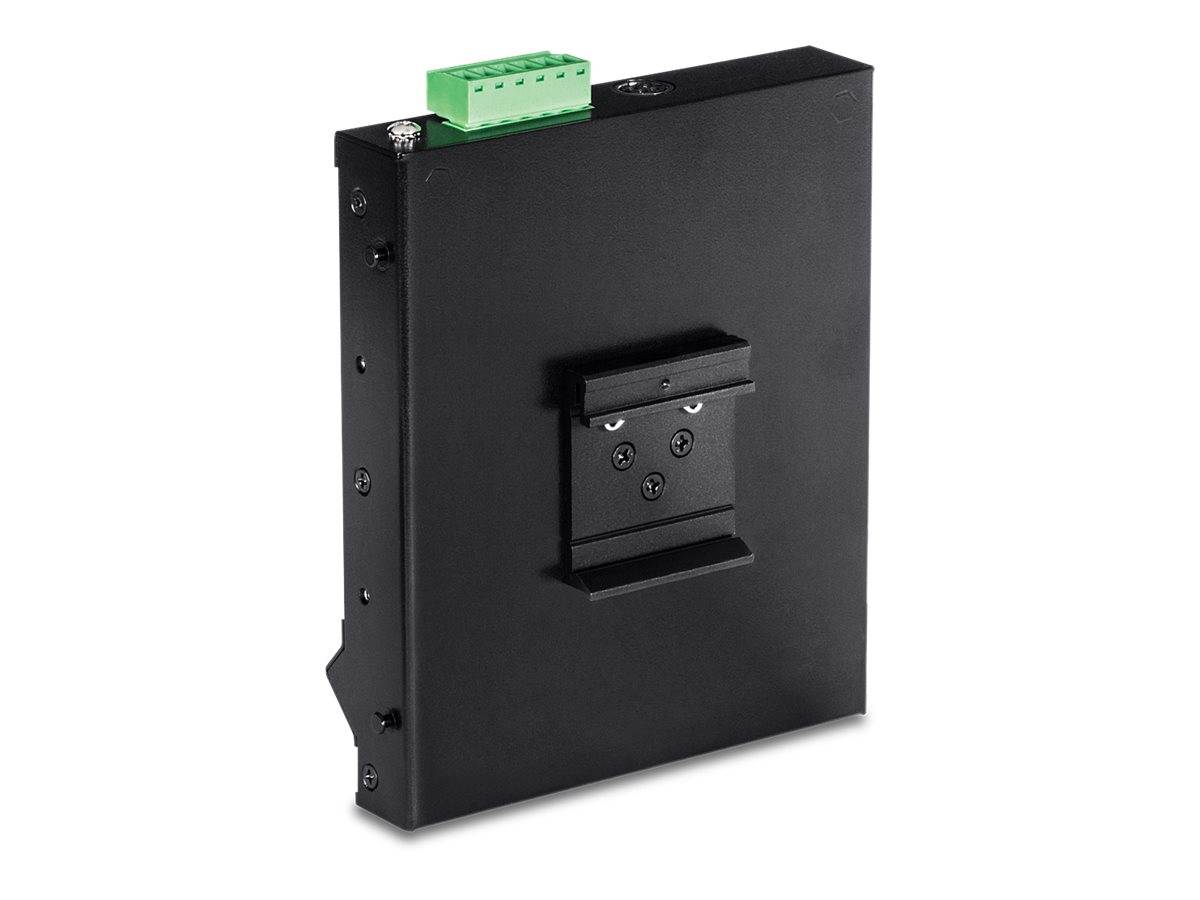 Schwarzes elektronisches Steuermodulgehäuse mit grünem Anschlussverbinder oben und zentraler Befestigungshalterung.