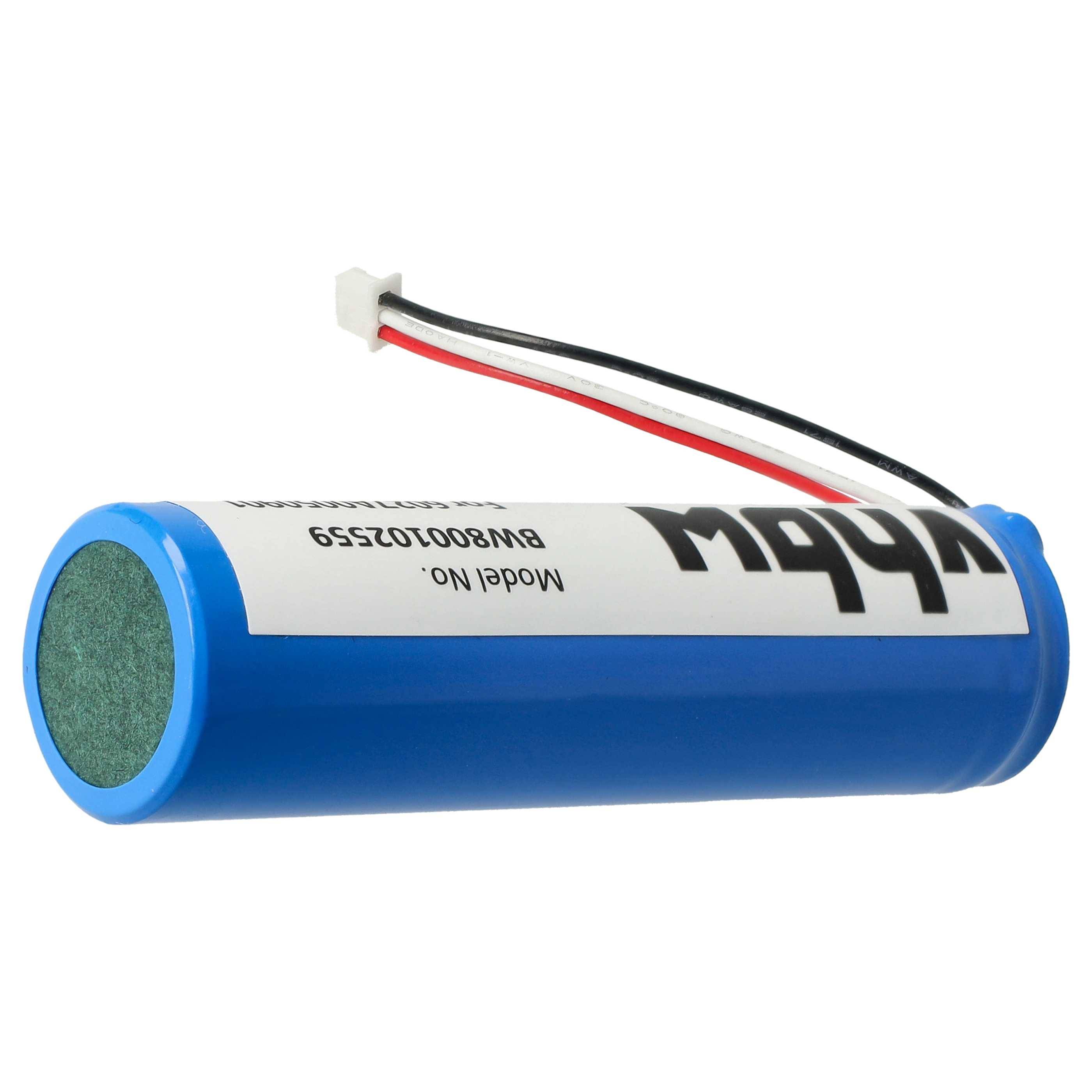 Eine zylindrische blaue Batterie mit der Modellbezeichnung BW80010259, mit roten und schwarzen Drähten, die sich von einem Ende erstrecken, auf ihrer Seite ruhend.