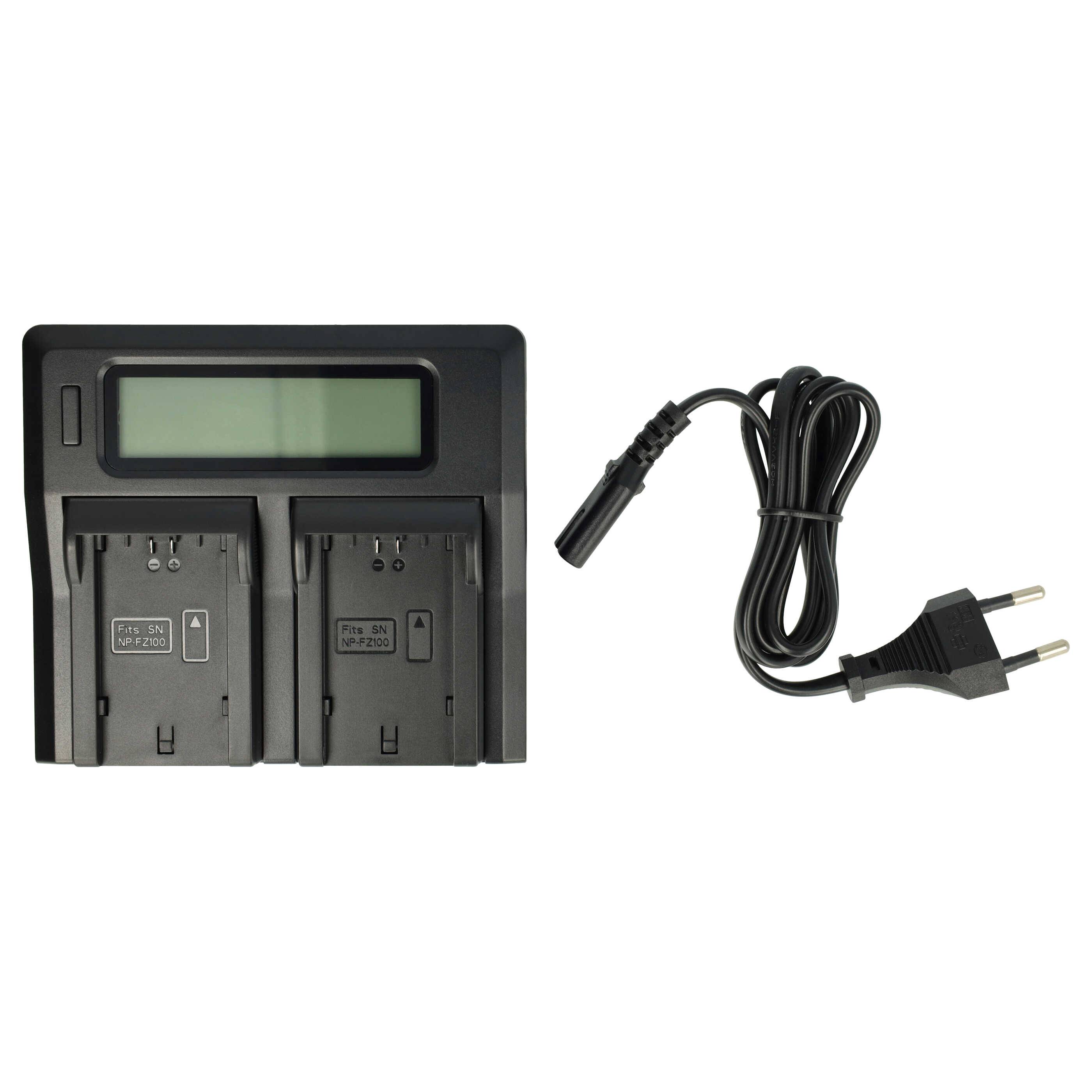 Batterieladegerät mit zwei Steckplätzen zum Laden von Kammerabatterien, ausgestattet mit einem LCD-Display, zusammen mit einem Stromkabel mit Stecker.