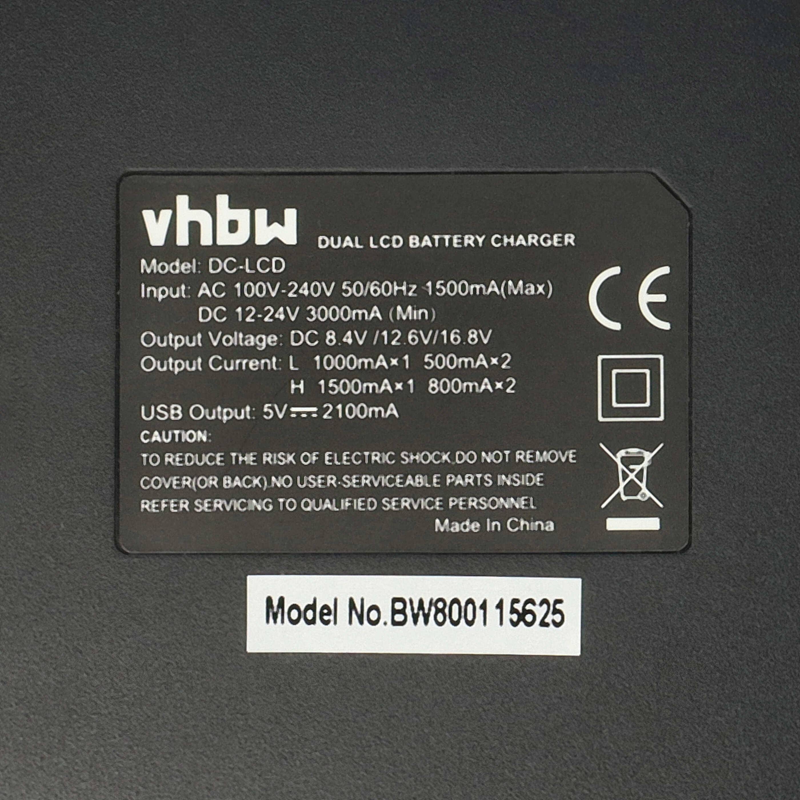 vhbw Dual LCD Batterieladegerät mit Modell DC-LCD, Ein- und Ausgangsspezifikationen und Verwendungsvorsichtsmaßnahmen. Hergestellt in China.