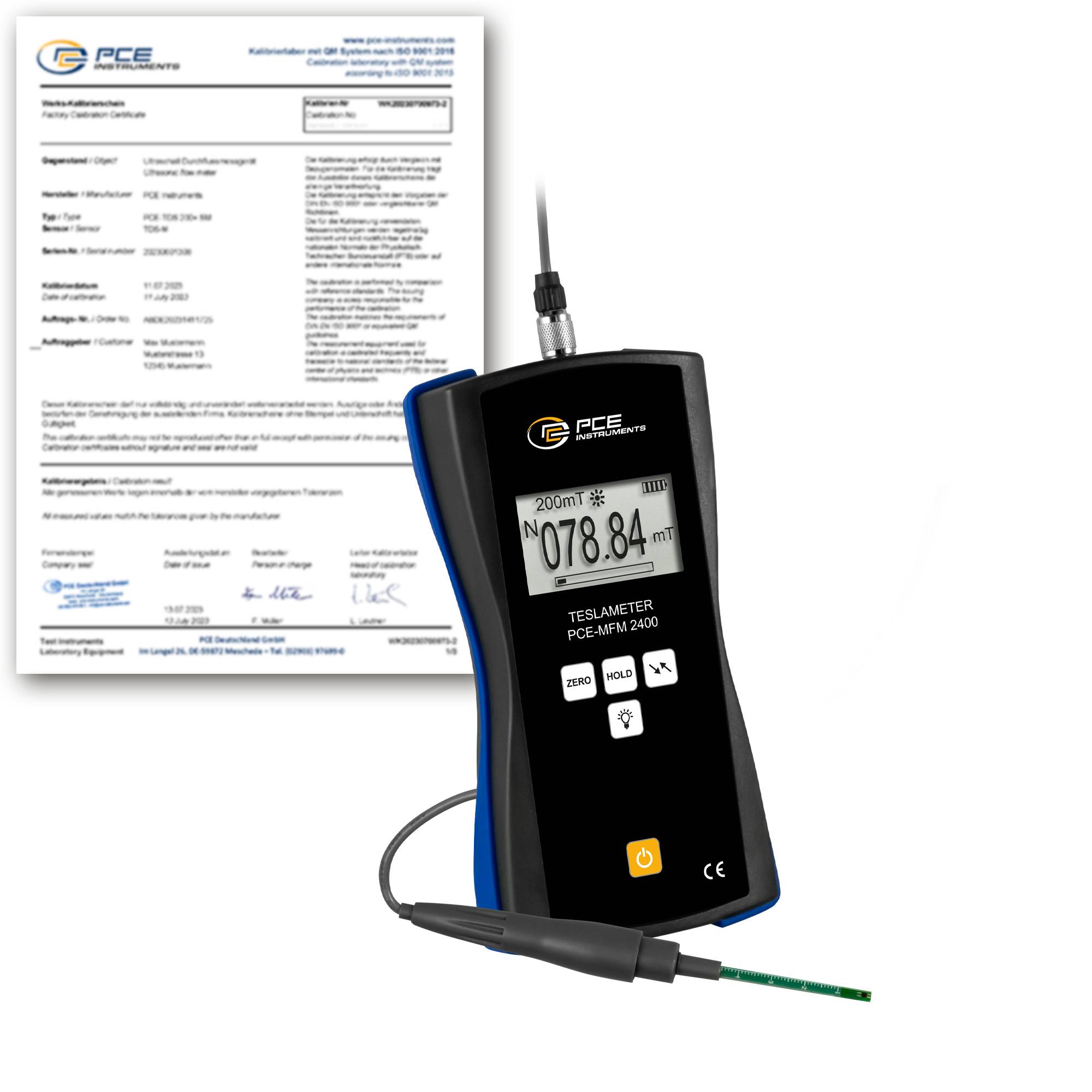PCE Instruments Magnetfeldmesser PCE-MFM 2400-ICA inkl. ISO-Zertifikat |200 mT |Genauigkeit 1 % |transversaler Sensor