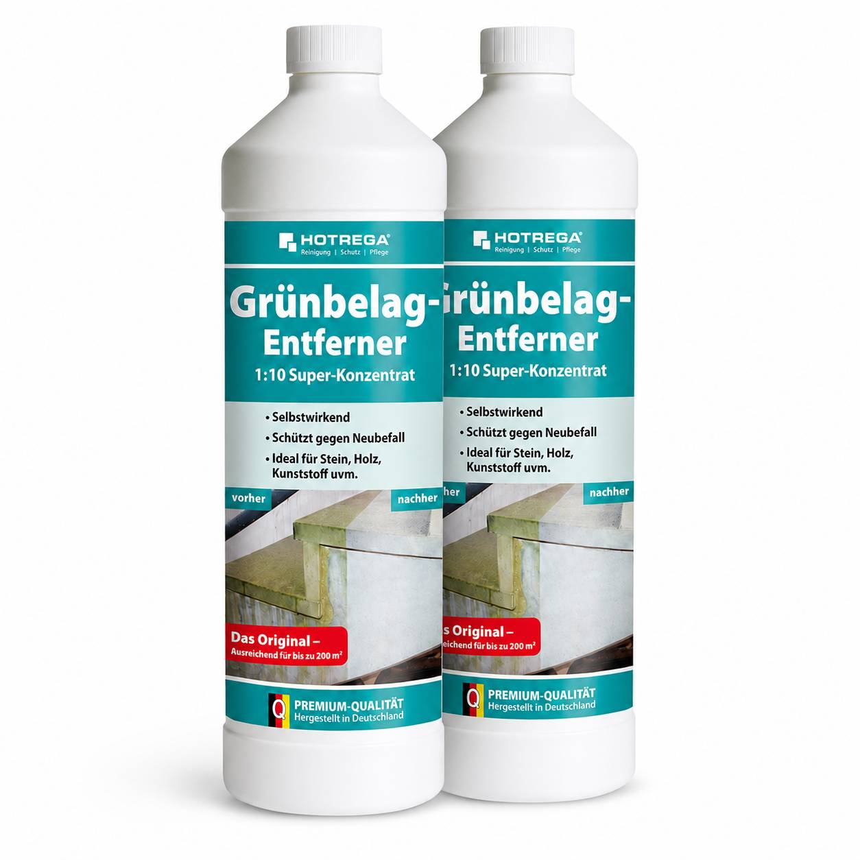 Zwei Flaschen HOTREGA 'Grünbelag-Entferner' 1:10 Superkonzentrat, ein Reinigungsmittel zur Entfernung von Grünbelag auf Stein-, Holz- und Kunststoffoberflächen.