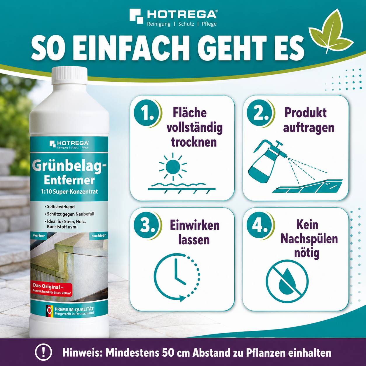 Anleitung für HOTREGA 'Grünbelag-Entferner' in 4 Schritten: trockene Oberfläche, Produkt auftragen, einwirken lassen, kein Spülen erforderlich; 50 cm Abstand zu Pflanzen einhalten.