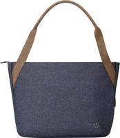 Blaue Denimtasche mit braunen Schultergurten und einem kleinen Logo in der unteren rechten Ecke.