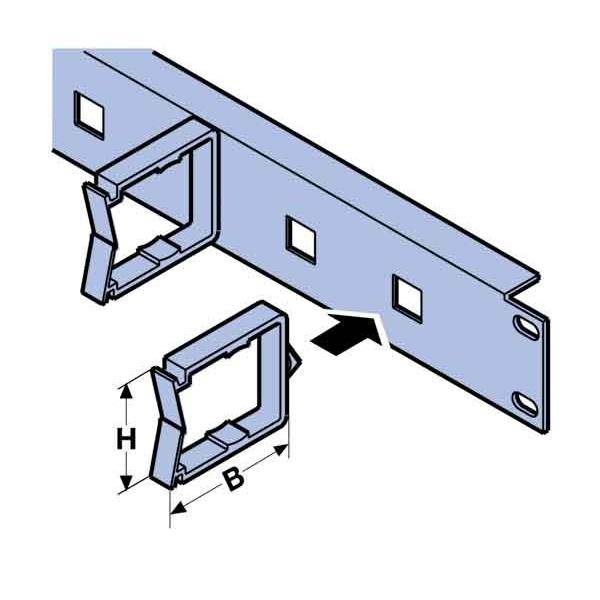 Darstellung einer Metallbefestigungshalterung mit Schlitzen und beschrifteten Abmessungen H und B, die mittels angewinkelte Clips an einer Schiene befestigt wird.