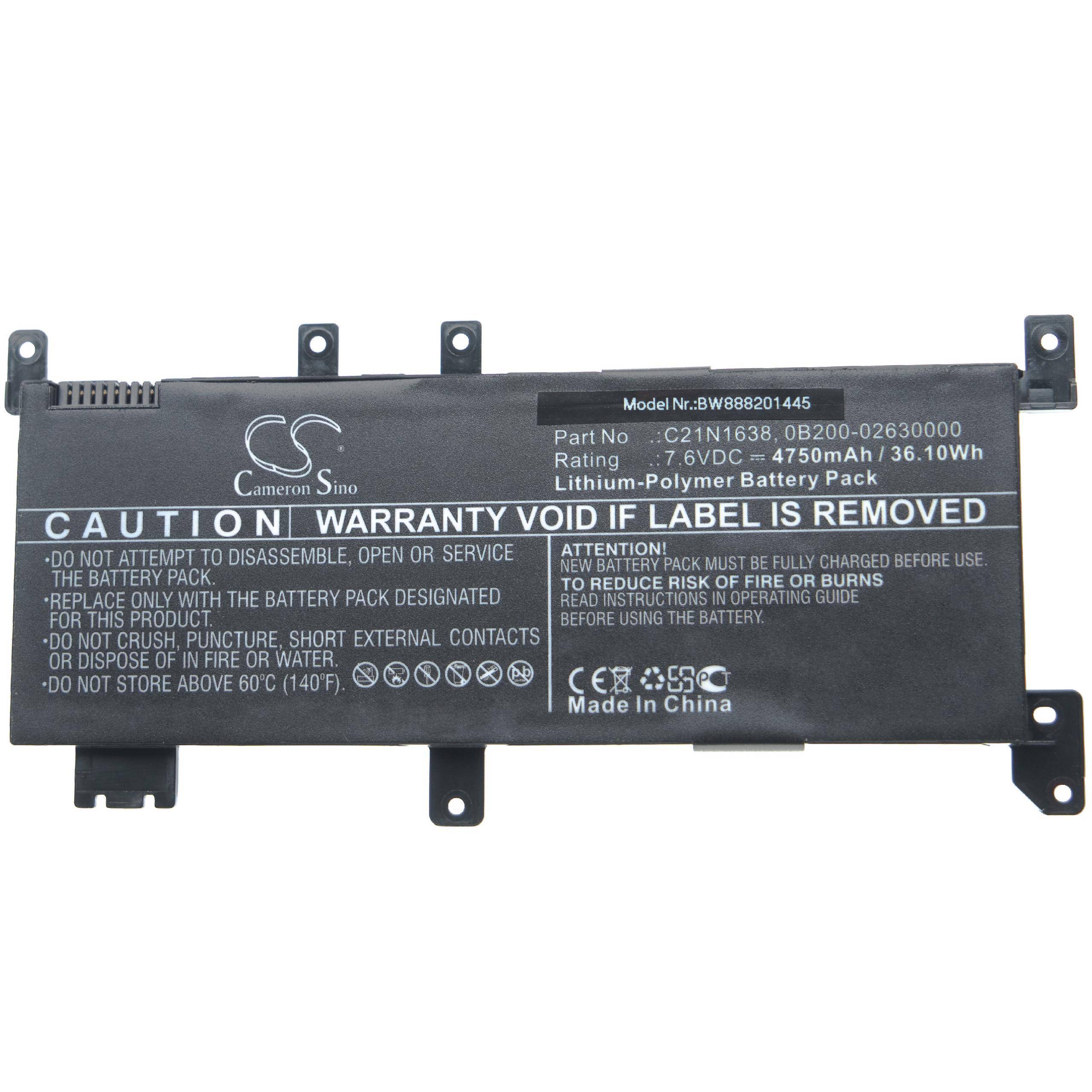 vhbw Akku kompatibel mit Asus X442UF-FA003T, X442UF-FA005T, X442UF-FA004T, X442UF-FA006T Notebook (4750 mAh, 7,6 V, Li-Polymer)
