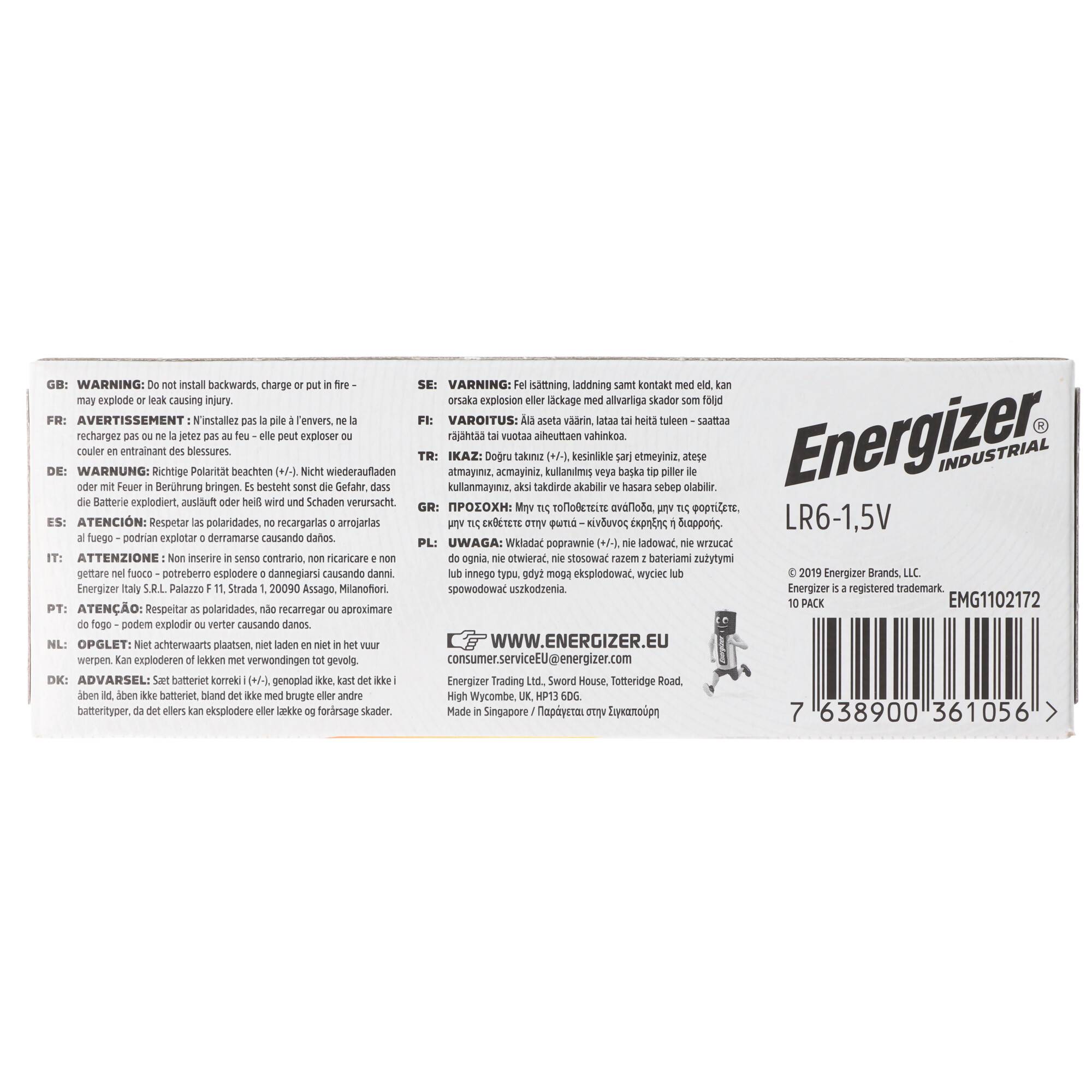 Energizer Industrial Mignon, AA, LR6, MN1500, Alkaline Batterie 1,5V in praktischer 10er Packung