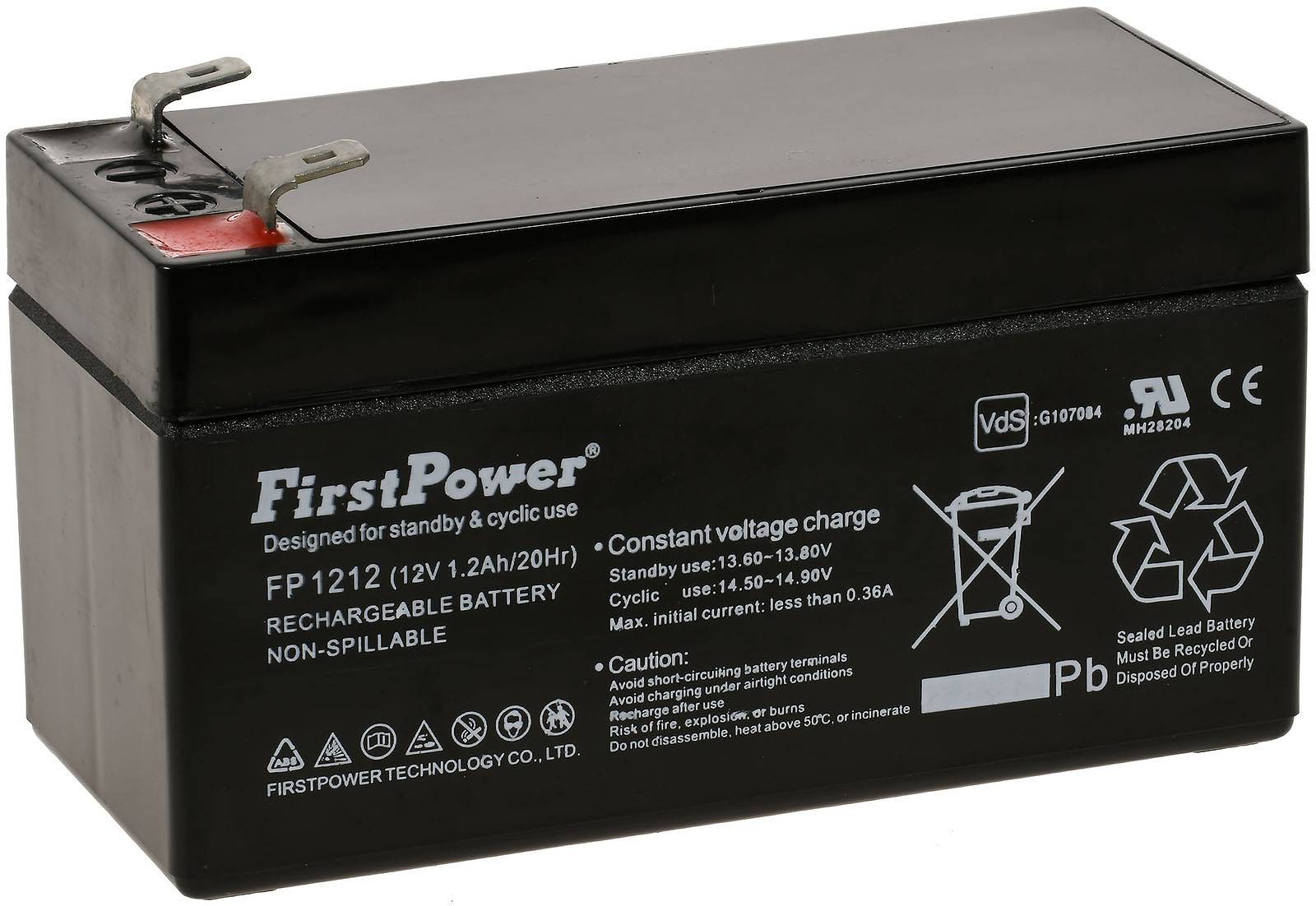 FirstPower Blei-Gel Akku FP1212 1,2Ah 12V VdS kompatibel mit Panasonic LC-R121R3PG, 12V, Lead-Acid