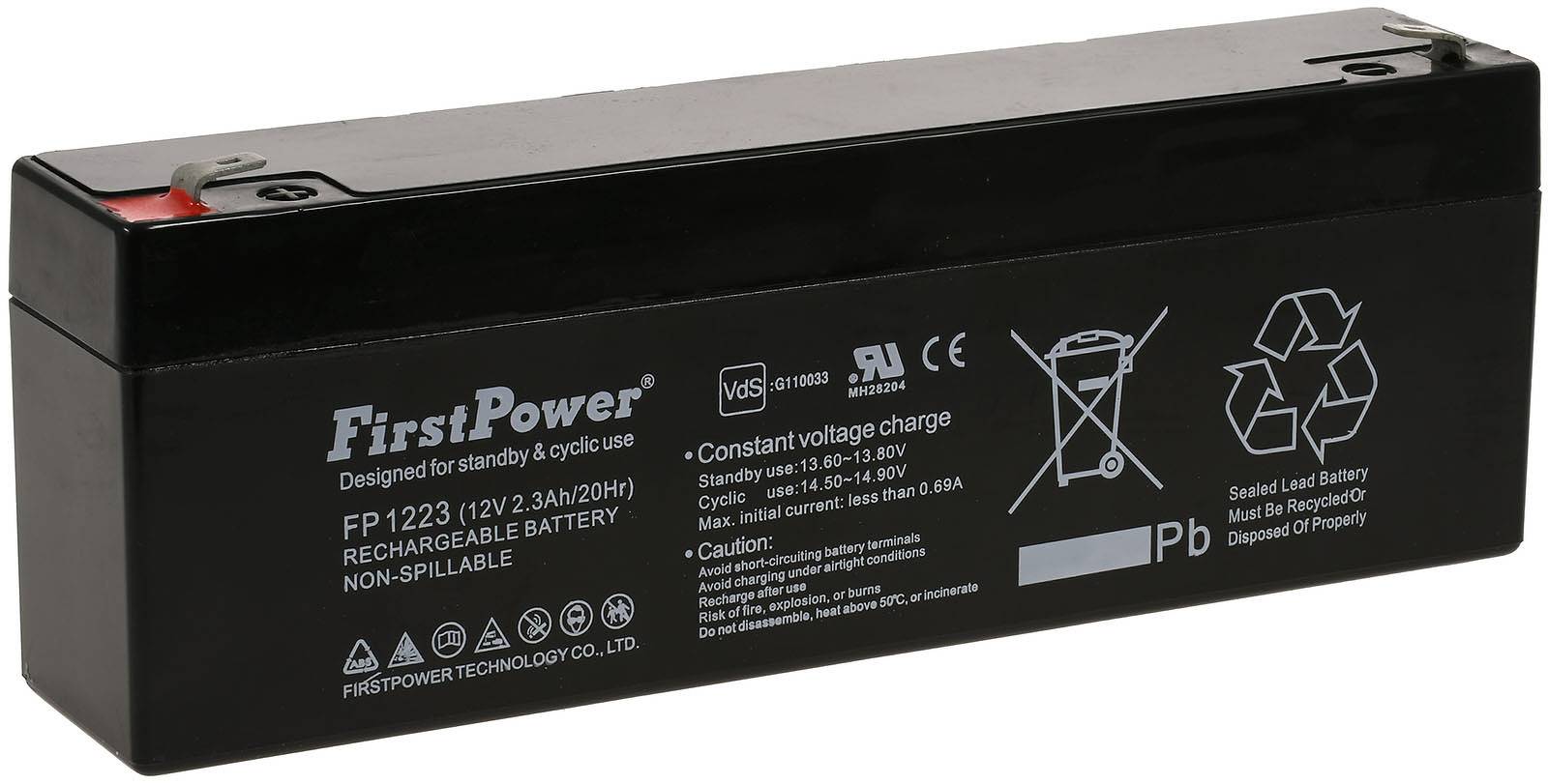 FirstPower Blei-Gel Akku FP1223 ersetzt Multipower MP2.3-12, MP2.2-12 VdS 12V 2,3Ah, 12V, Lead-Acid