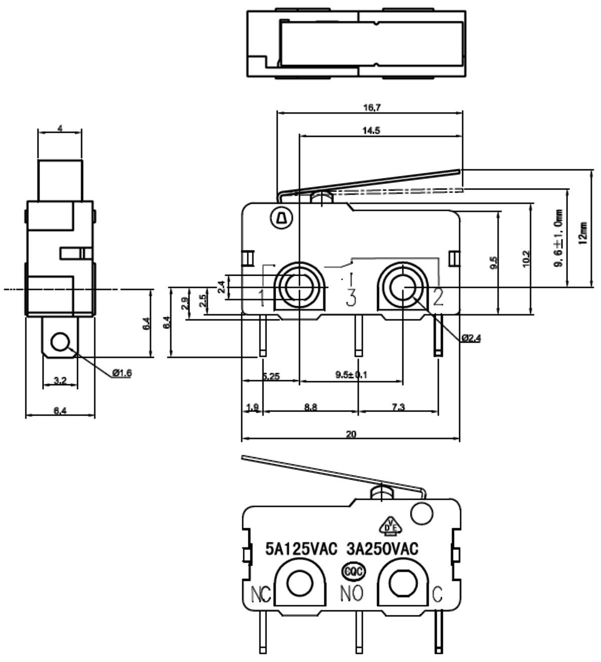 Pololu Snap-Action Switch with 16.7mm Lever: 3-Pin, SPDT, 5A