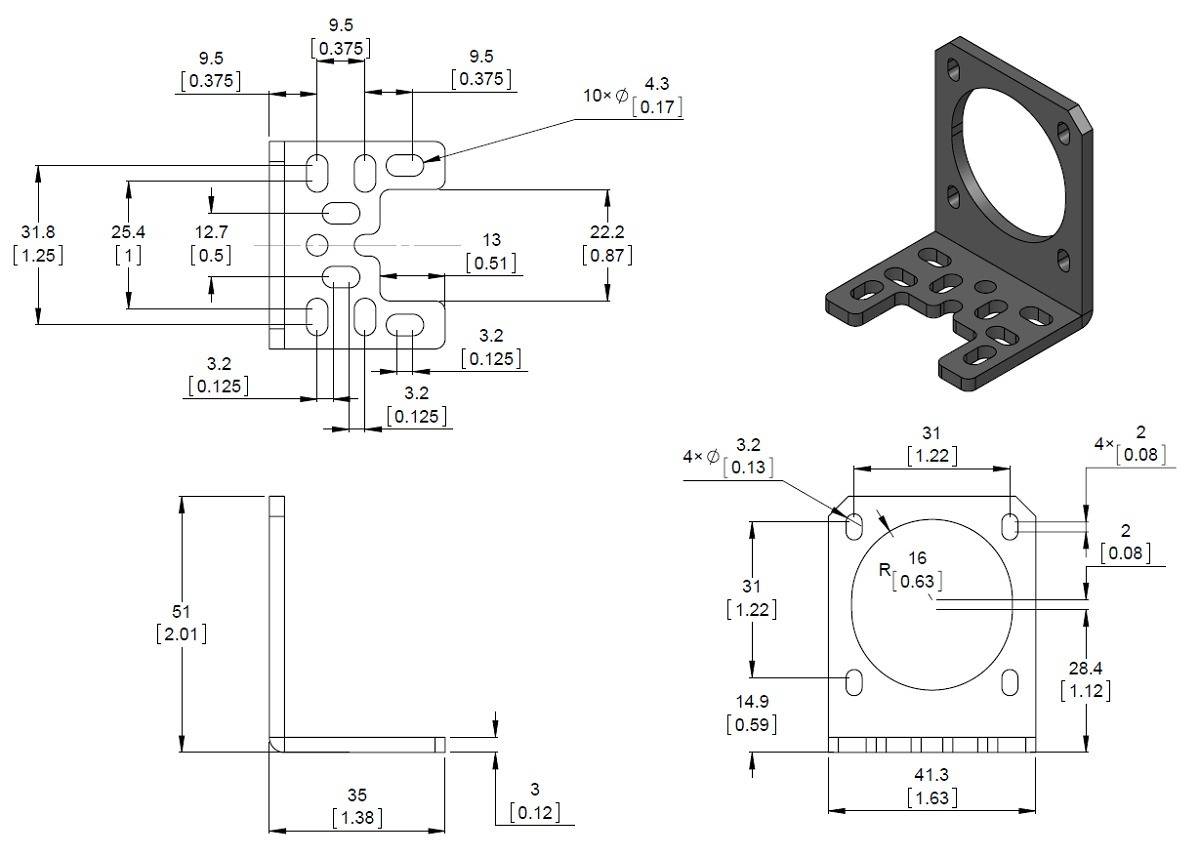 Pololu Stamped Aluminum L-Bracket for NEMA 17 Stepper Motors with 4x M3 Screws 2266