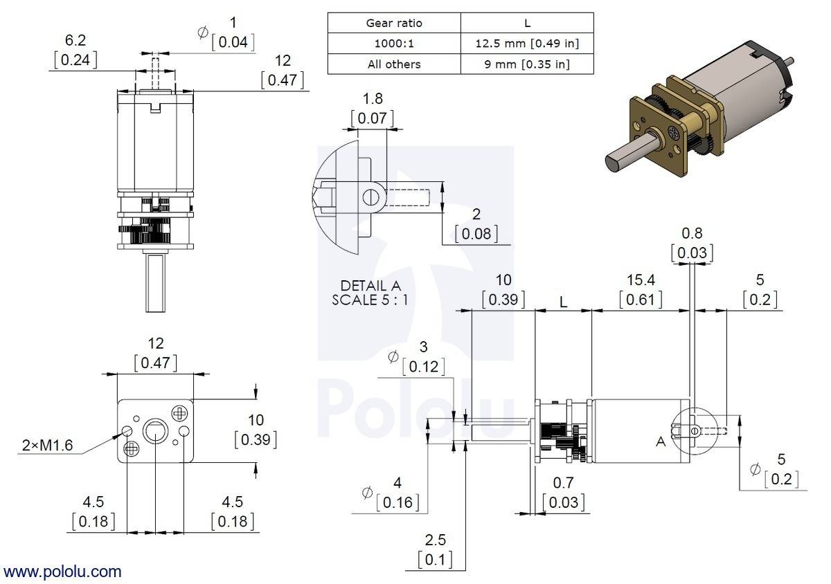 Pololu 5:1 Micro Metal Gearmotor HPCB 12V with Extended Motor Shaft 6000RPM 3047