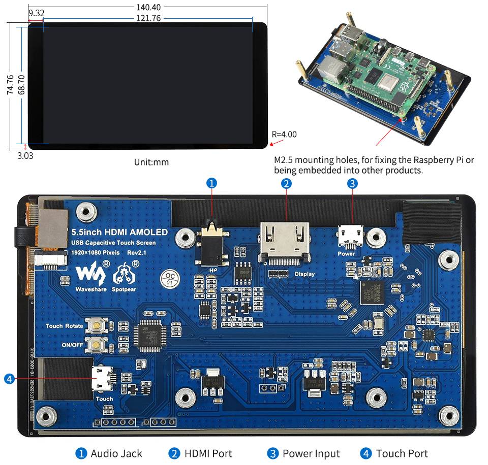 WaveShare 5.5inch HDMI AMOLED Display 1080x1920 HDMI Toughened Glass Cover