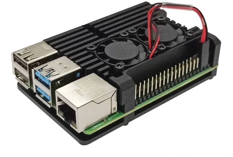 Raspberry Pi 4 Gehaeuse Case aus Aluminium mit Doppellüfter eingebauter Kühlkoer