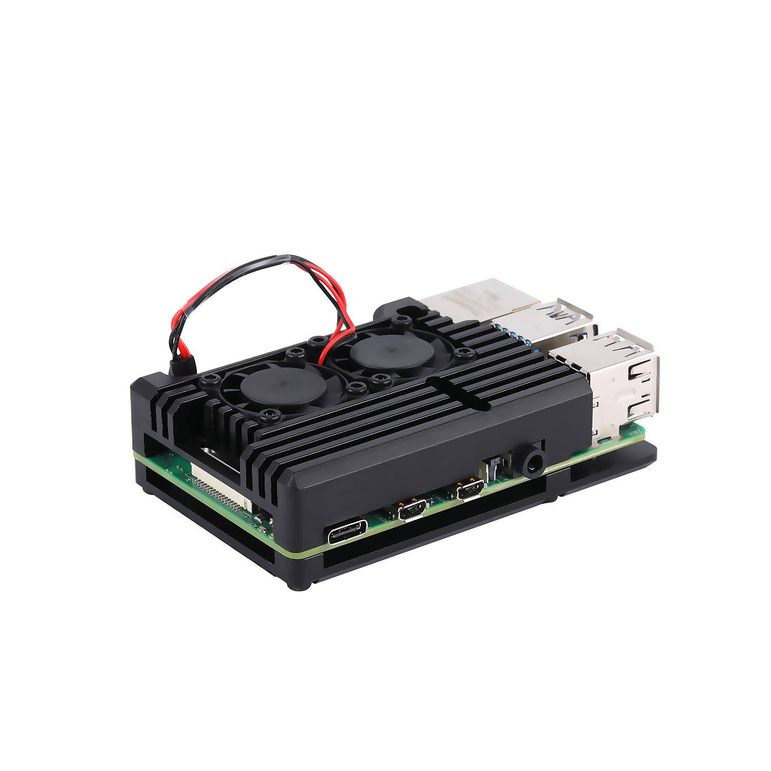 Raspberry Pi 4 Gehaeuse Case aus Aluminium mit Doppellüfter eingebauter Kühlkoer