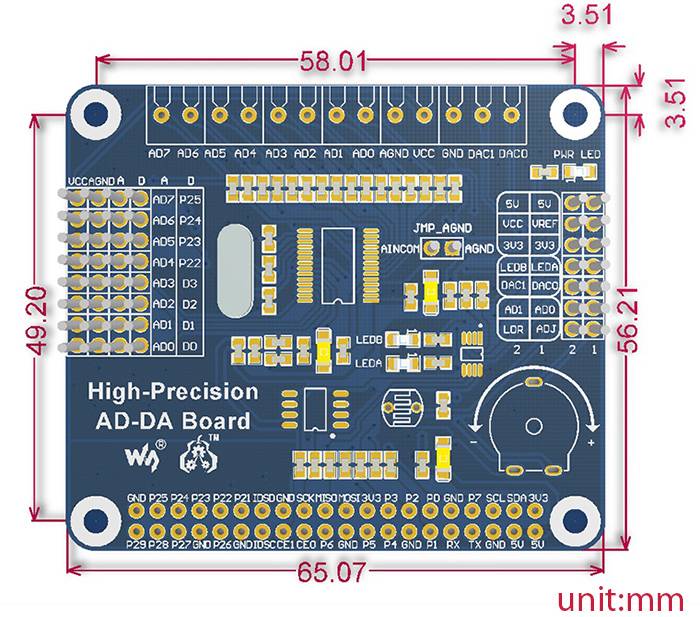 Waveshare High-Precision AD DA Expansion Board ADS1256 DAC8532 for Raspberry Pi