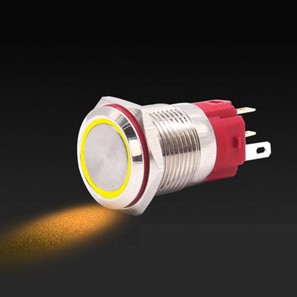 Rugged Metal Pushbutton with Yellow LED Ring - 16mm Yellow Momentary