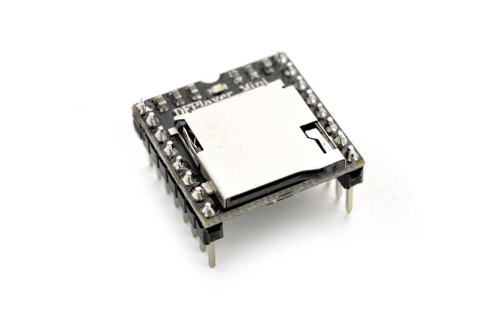 Ein kleines microSD-Kartenmodul mit Anschlüssen, gekennzeichnet als „DFPlayer Mini