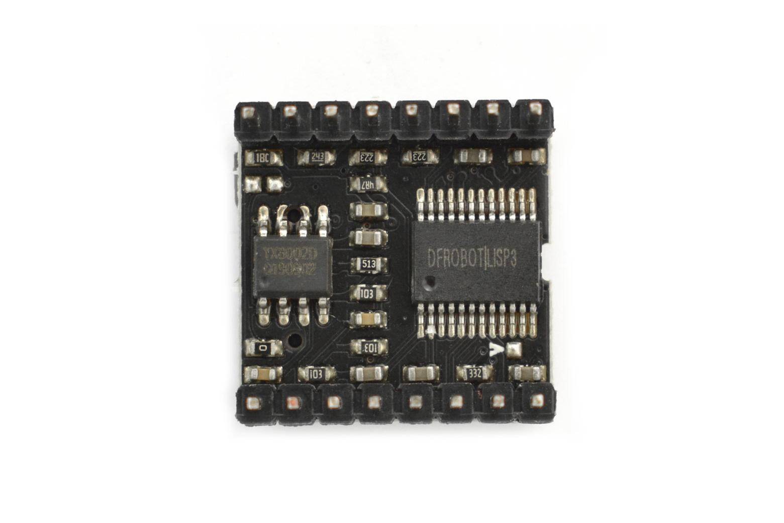Bild einer DFRobot LIS3DHTR Breakout-Platine, die integrierte Schaltkreise und oberflächenmontierte Komponenten für elektronische Projekte zeigt.