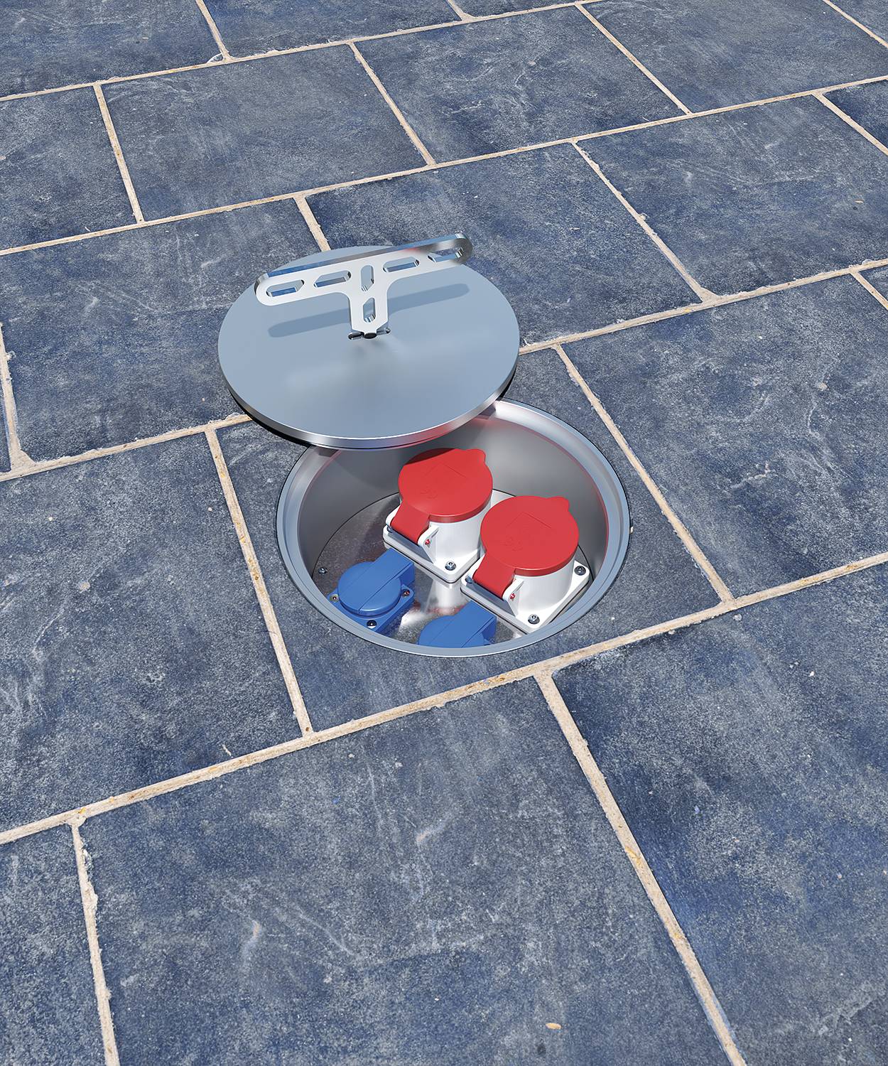 CEE- Bodentank 7022A; 2x Schuko, 1x CEE 5/16A 400V, 1x CEE 5/32A 400V,