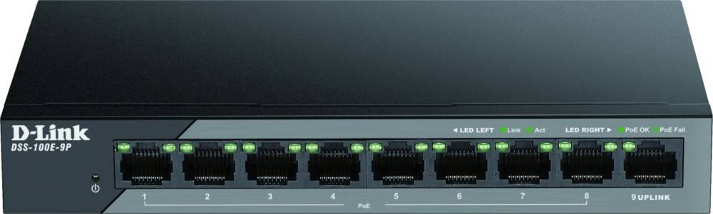Ein Netzwerk-Switch mit acht Ethernet-Ports, jeweils mit einer grünen LED-Anzeige. Die Ports sind von 2 bis 7 beschriftet und verfügen über PoE-Fähigkeiten.