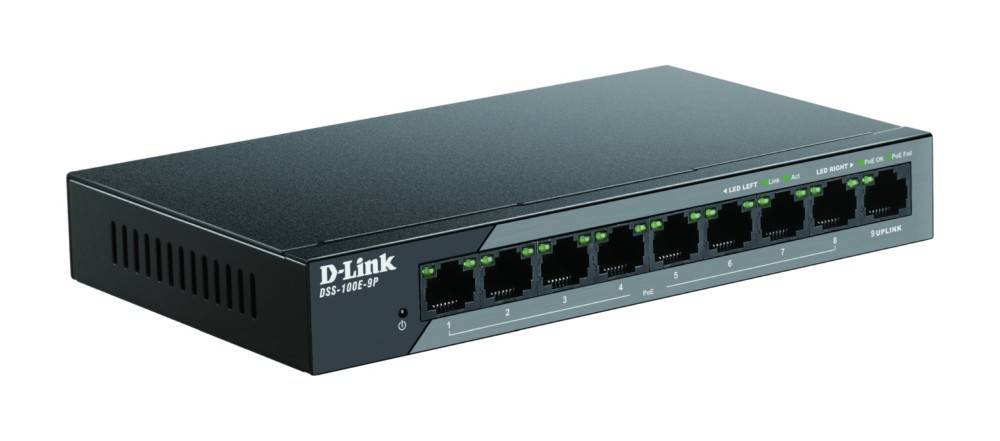 Ein schwarzer D-Link-Netzwerkswitch mit acht Ethernet-Ports, Modell DSS-100E-9P, wird gezeigt.