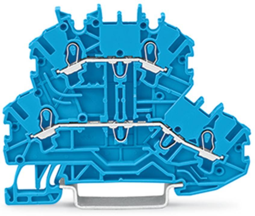 Ein blauer modularer Klemmblock mit metallischen Leitwegen wird dargestellt. Die detaillierte Innenstruktur hebt Verbindungskomponenten hervor.