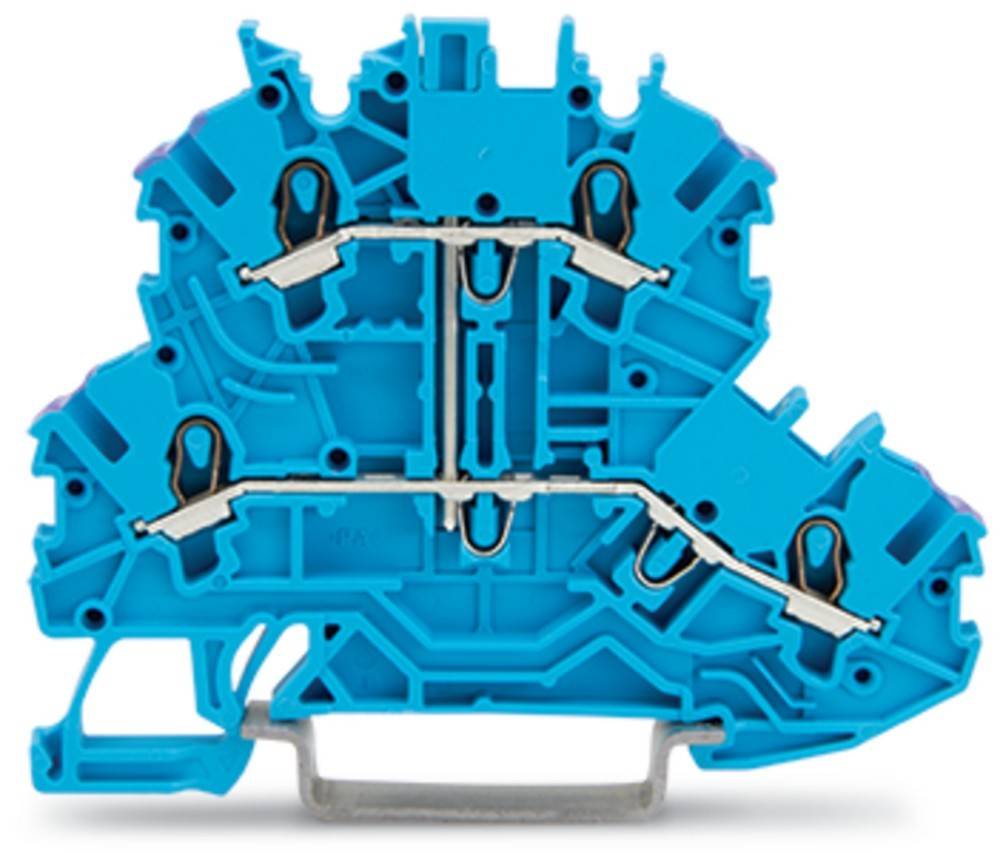 Ein blauer elektrischer Klemmblock mit mehreren Anschlusspunkten und sichtbaren Metallleiterführungen, der zum Anschließen von Leitungen in Schaltkreisen verwendet wird.