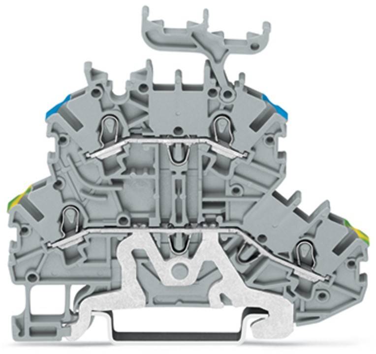 Eine graue, kunstvoll gestaltete mechanische Komponente mit mehreren ineinandergreifenden Teilen, die blaue und gelbe Akzente aufweist.