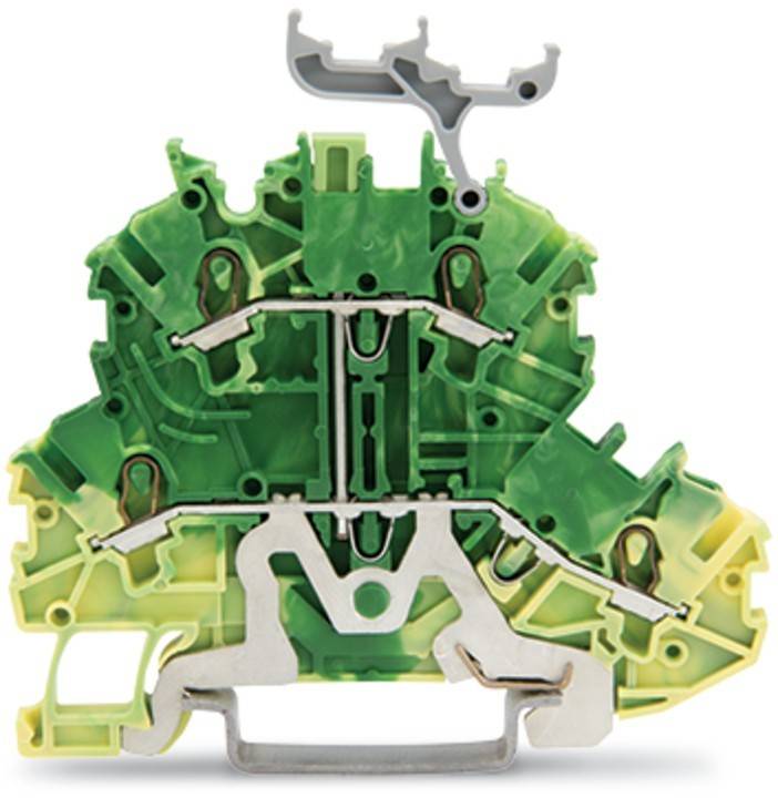 Grün-gelber Elektroklemmenblock mit Metallschienenbefestigung, konzipiert zum Anschluss von Leitern in einer elektrischen Schaltung.
