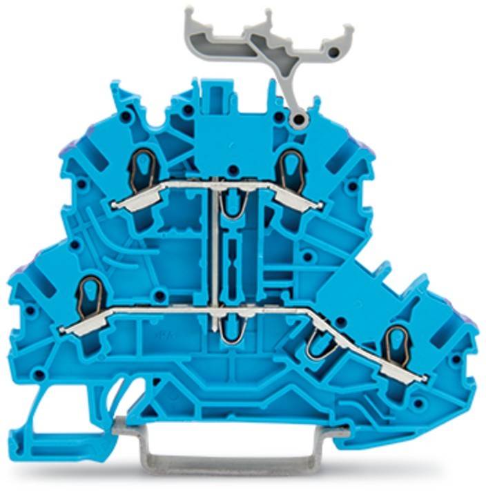 Eine Nahaufnahme eines blauen Klemmenblocks, die seine interne Struktur und Anschlusspunkte zeigt und elektrische Leitungswege sowie Designmerkmale hervorhebt.