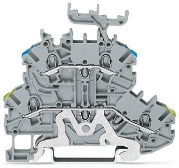 Eine detaillierte Ansicht eines grauen elektrischen Reihenklemmenblocks mit einer komplexen Innenstruktur, die mehrere Anschlusspunkte und Metallkomponenten zeigt.