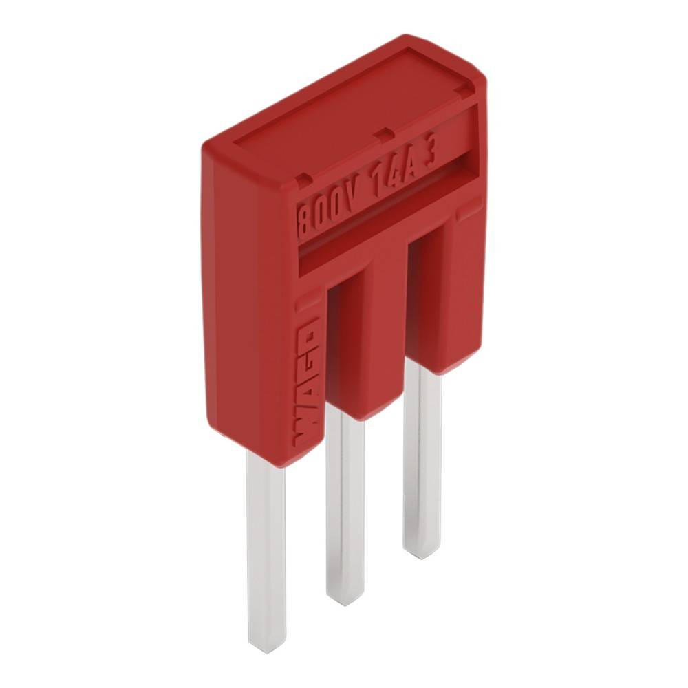Ein roter Pin-Jumper mit drei silbernen Pins, verwendet zum Verbinden elektronischer Schaltkreise auf Leiterplatten.