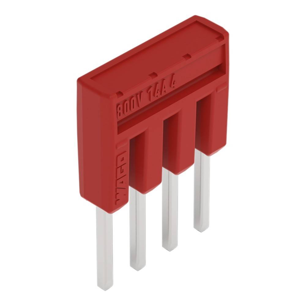 Ein roter Jumper-Kappenstecker mit vier metallischen Pins, verwendet für elektrische Verbindungen auf Leiterplatten.