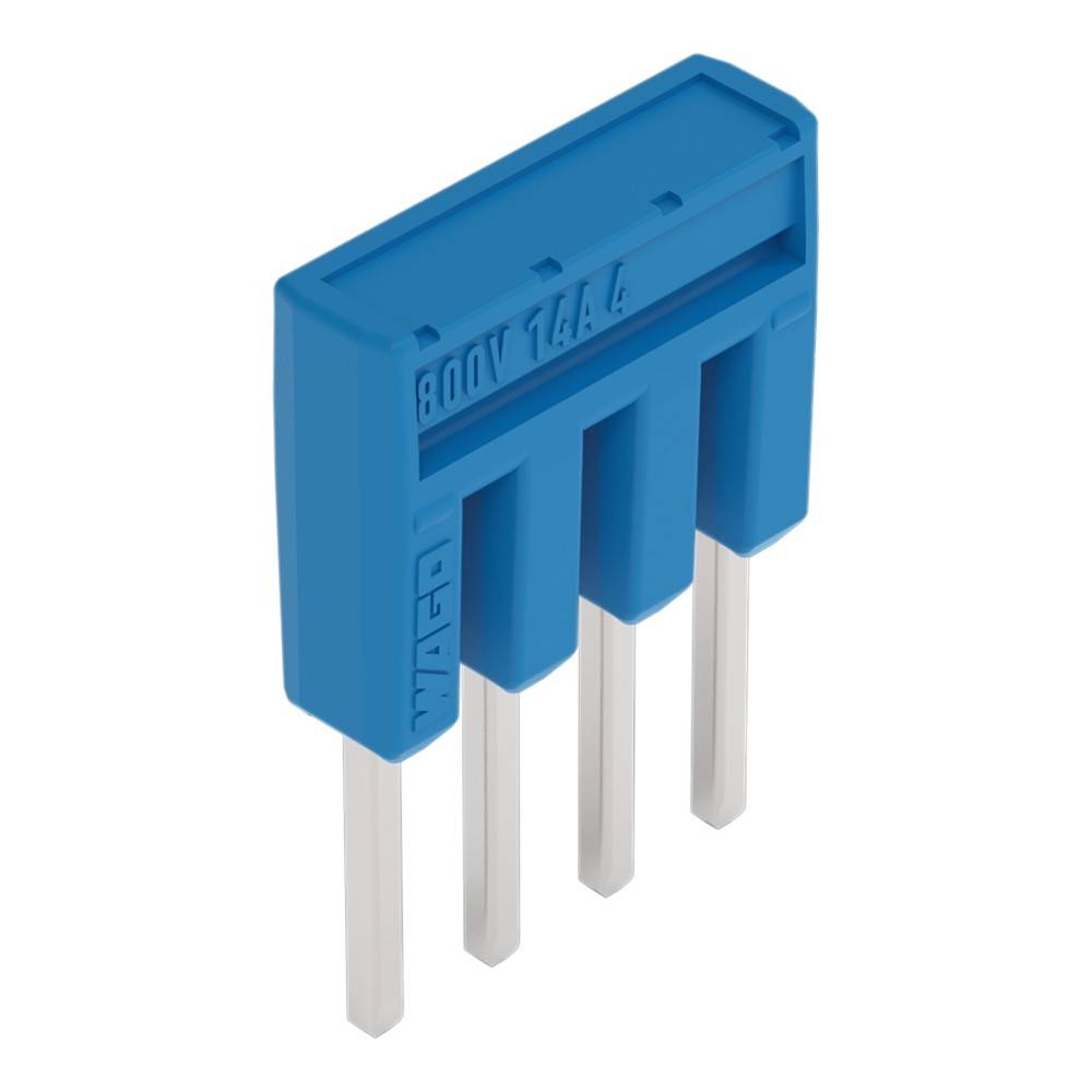 Ein blauer Vier-Pin-Stecker, mit der Beschriftung '800V 14A 4', der für elektrische Verbindungen verwendet wird, mit silbernen Metallstiften, die nach unten ragen.