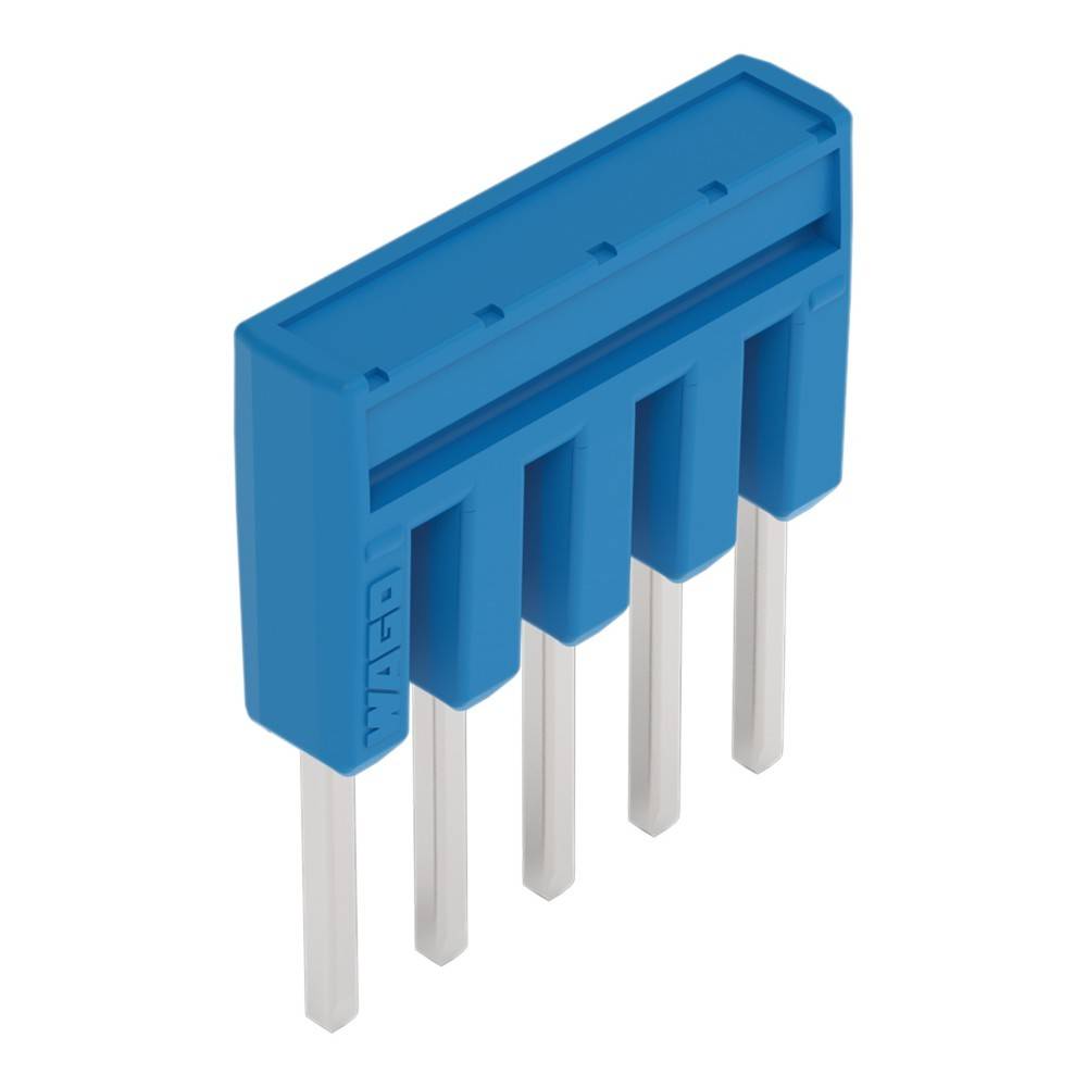 Ein blauer, 5-poliger Schraubklemmenblock mit Metallzapfen, die am unteren Ende hervorstehen und zum Anschluss von elektrischen Leitern in Schaltkreisen verwendet werden.
