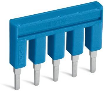 Eine blaue elektrische Komponente mit fünf Metallstiften, die zum Verbinden von Schaltkreisen verwendet wird.