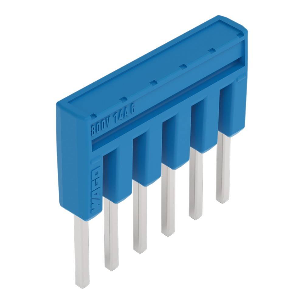 Blauer Plastik-Terminalblocküberbrückungsstecker mit fünf Metallstiften, verwendet zum Verbinden von elektrischen Anschlüssen auf einer Leiterplatte.
